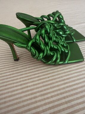 Bottega Veneta Metallic Green Knotted Strap High Heel Sandals - Women’s 37.5
